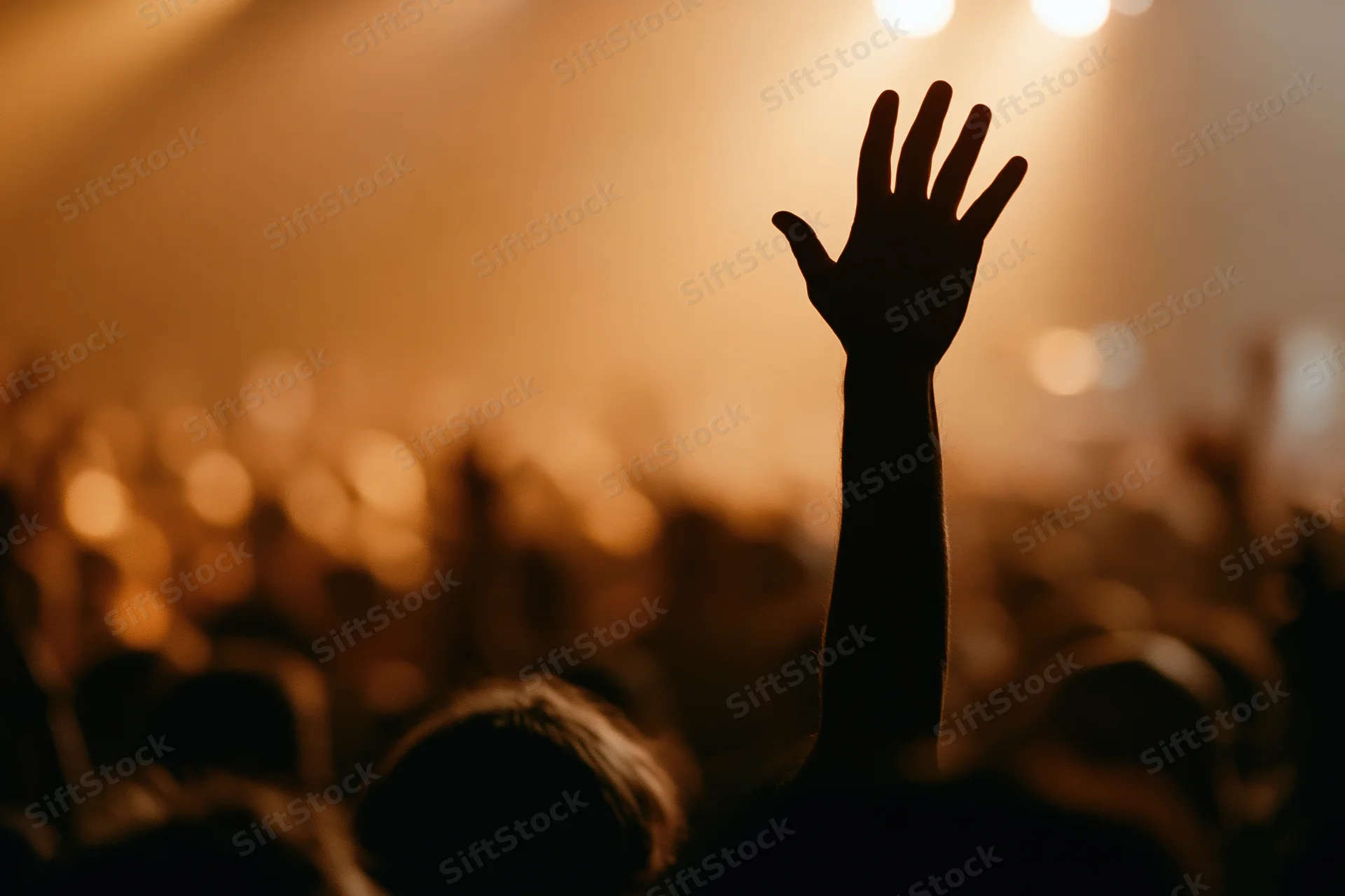 Hand raised high in silhouette above a crowd at a concert under warm stage lights