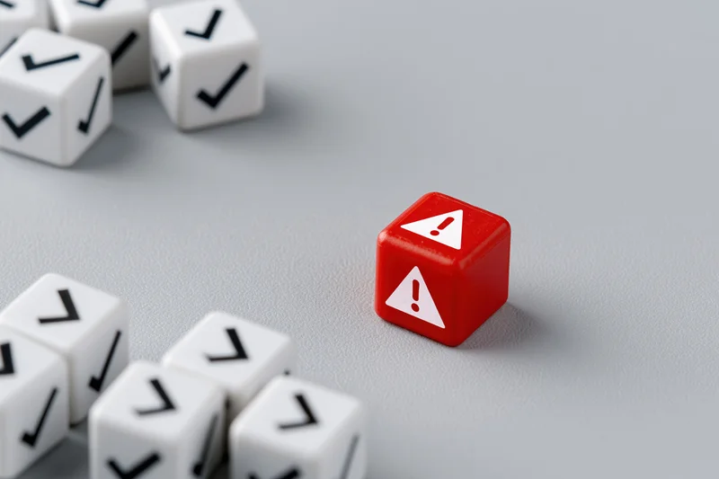 Red cube with warning symbol among white cubes with checkmarks on gray surface