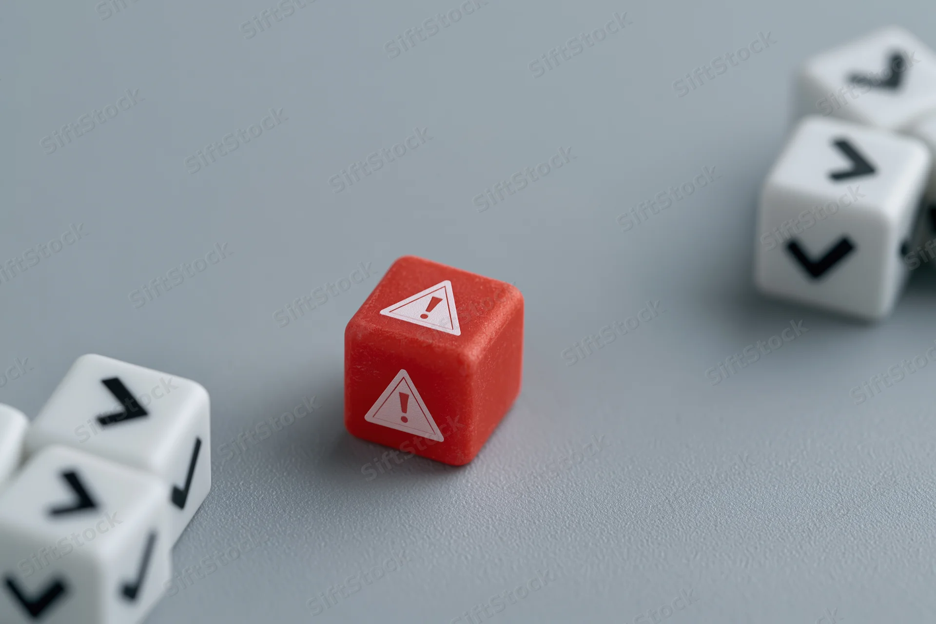 Red warning dice with exclamation symbol among white checkmark dice on gray surface