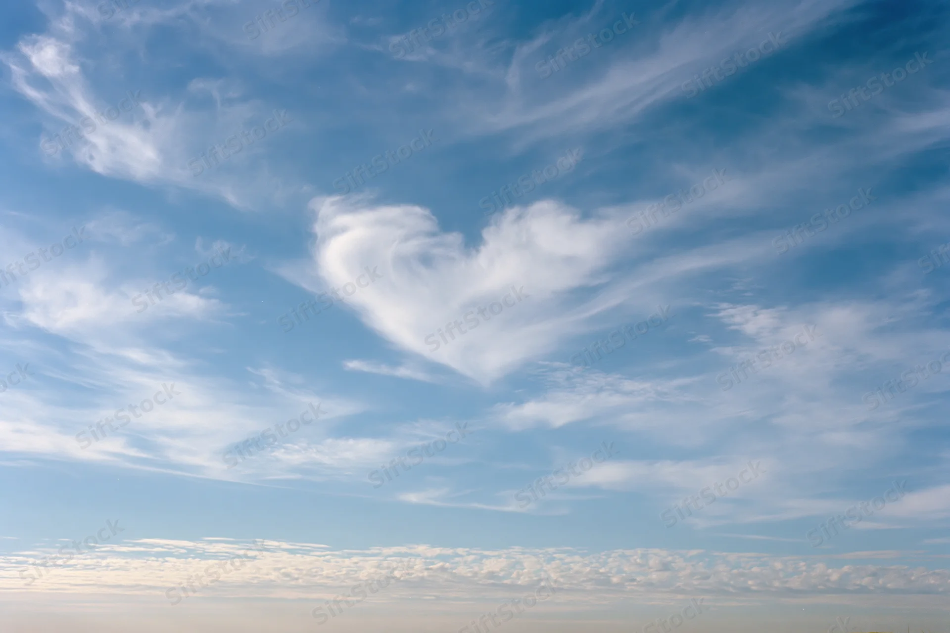 Heart-shaped cloud formation in open daytime sky with scattered wispy cirrus clouds