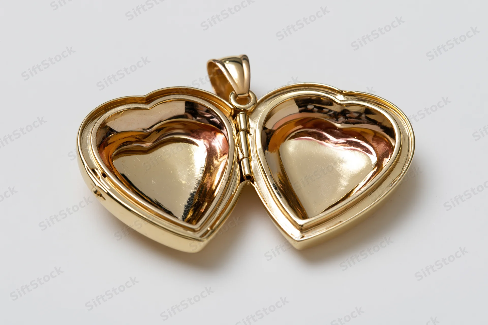 Open gold heart-shaped locket pendant lying flat with both halves visible on white surface