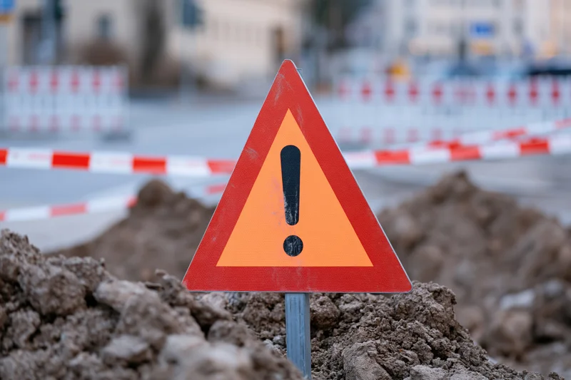 Triangular warning sign with exclamation mark in dirt at construction site