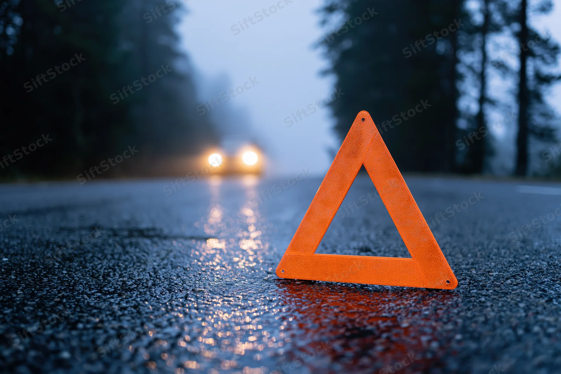 Orange reflective emergency triangle on wet asphalt road at night with approaching vehicle headlights in foggy forest setting