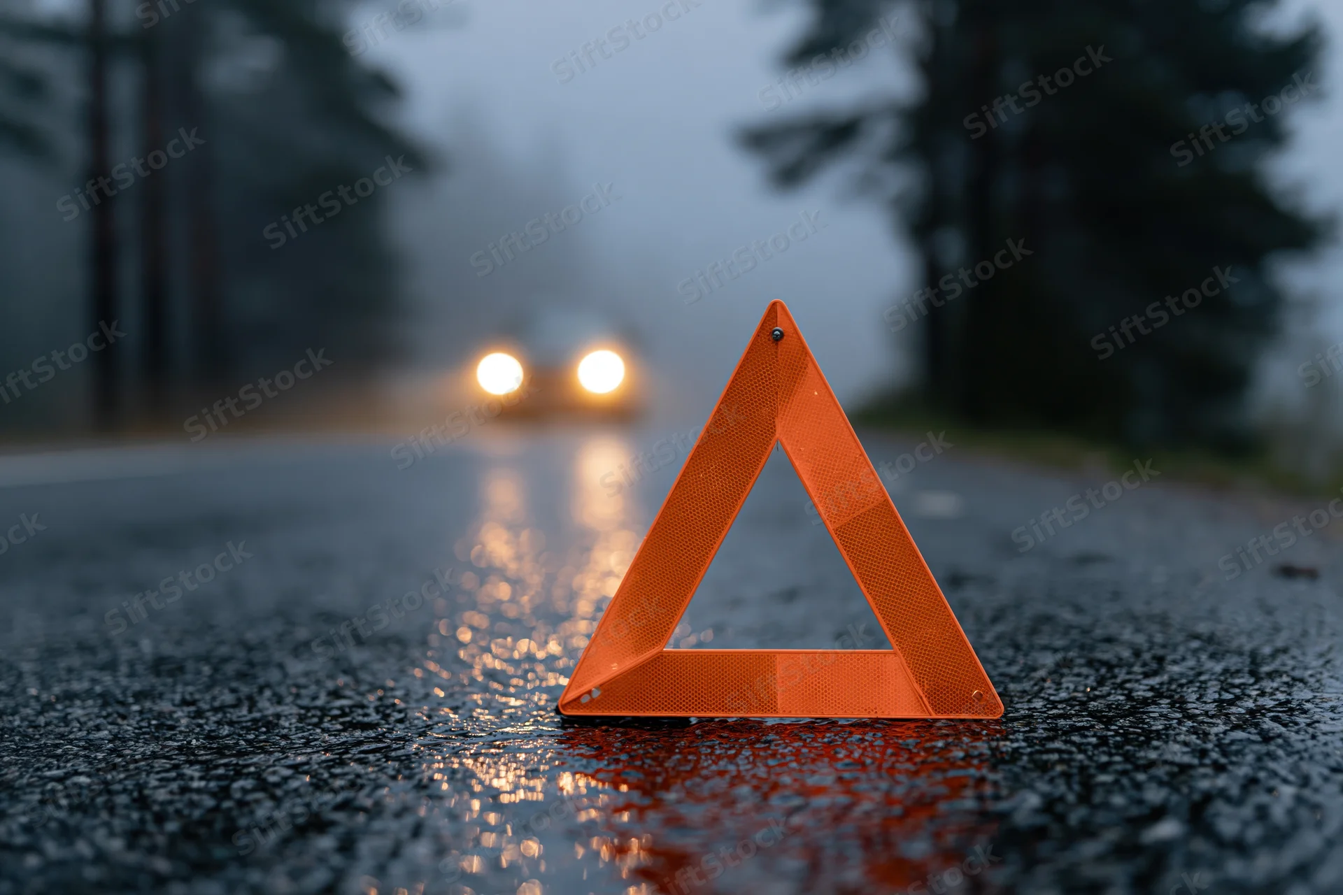 Orange reflective emergency triangle on wet asphalt road at night with approaching vehicle headlights in fog