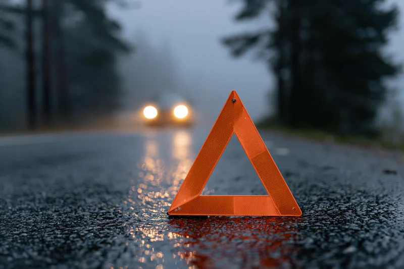Orange reflective emergency triangle on wet asphalt road at night with approaching vehicle headlights in fog