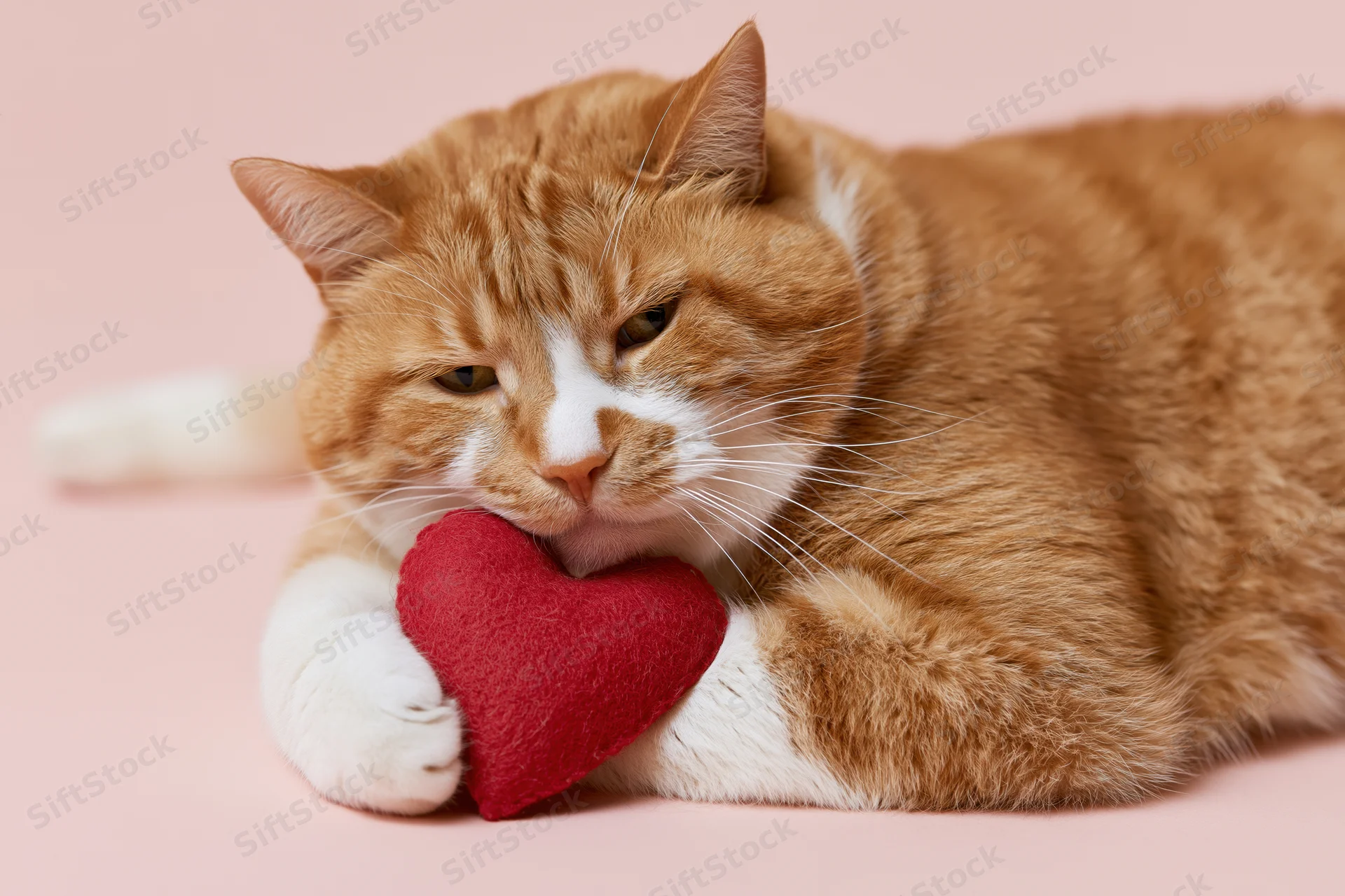 Orange tabby cat lying on its side with chin low and white paw holding red heart plush toy on pink background