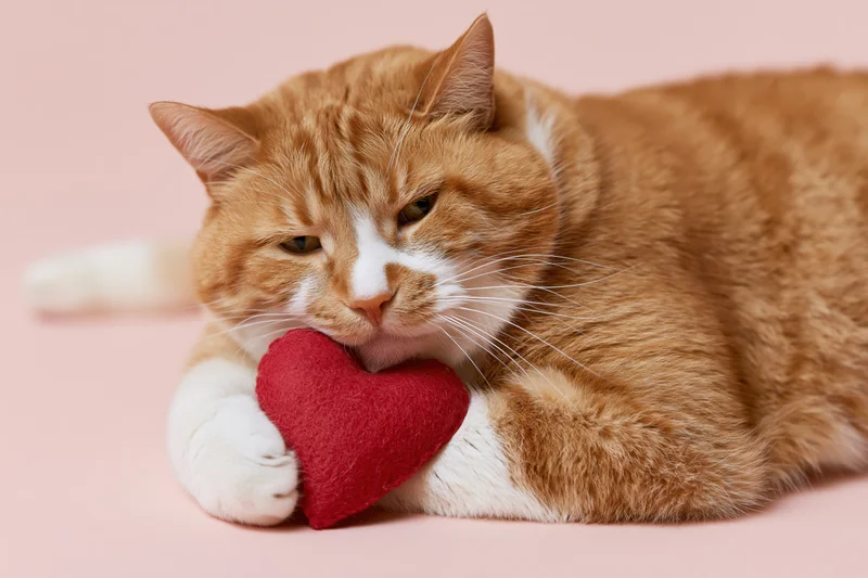 Orange tabby cat lying on its side with chin low and white paw holding red heart plush toy on pink background