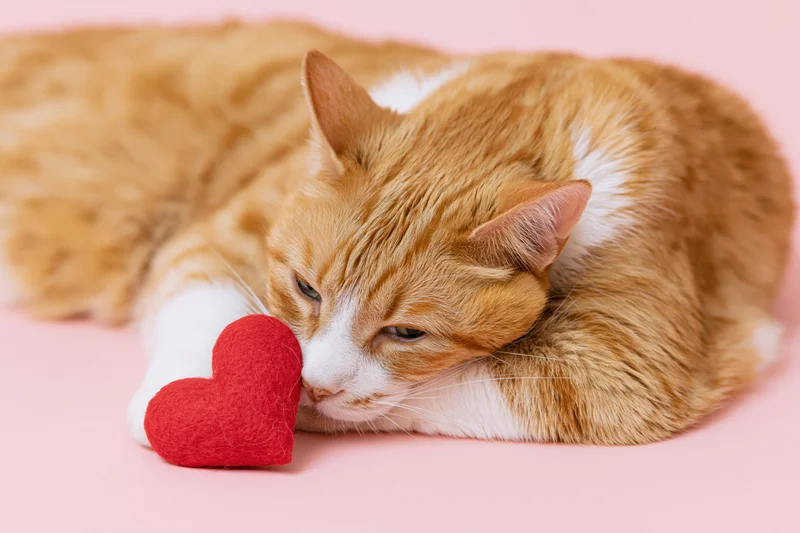 Orange tabby cat resting on pink surface with red felt heart near its paw