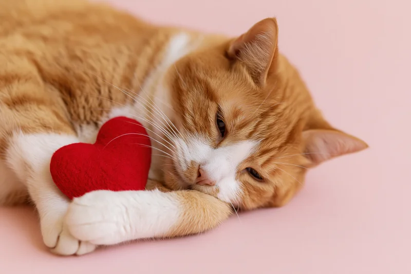 Orange tabby cat lying on side with red heart toy on pink background