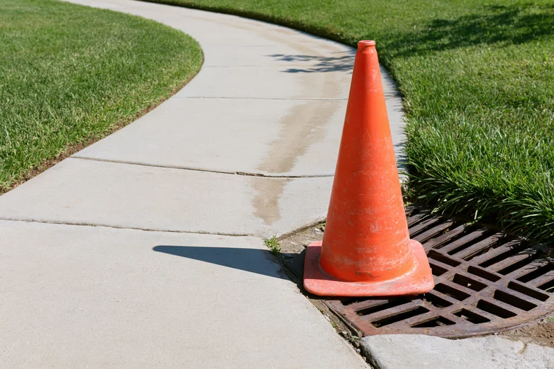 Orange traffic cone placed on a sidewalk beside a metal drainage grate near a grassy curb