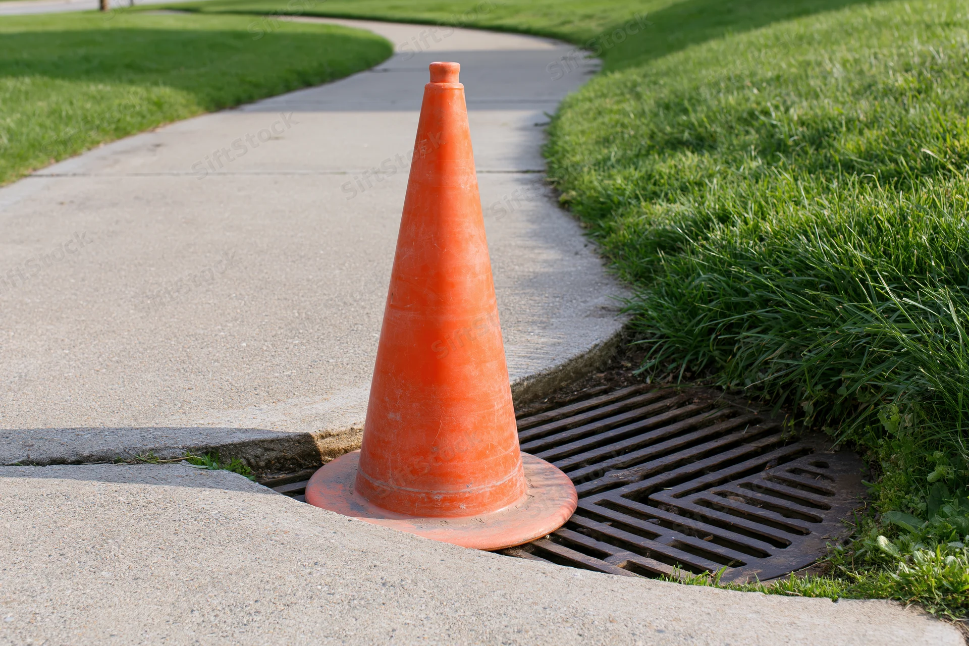 Orange traffic cone placed on broken sidewalk beside drainage grate in grassy park area