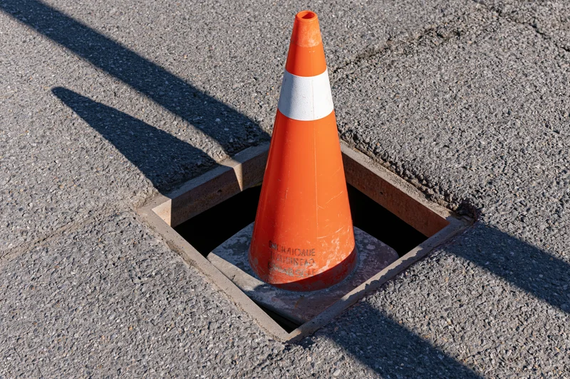 Orange traffic cone with reflective white band sitting inside open manhole cover on asphalt road