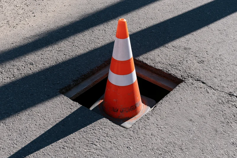 Orange traffic cone with reflective white band sitting inside a square hole in asphalt pavement