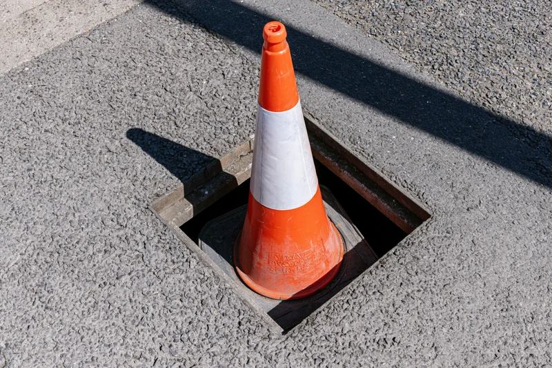 Orange traffic cone with reflective white band sitting inside a square opening in asphalt pavement