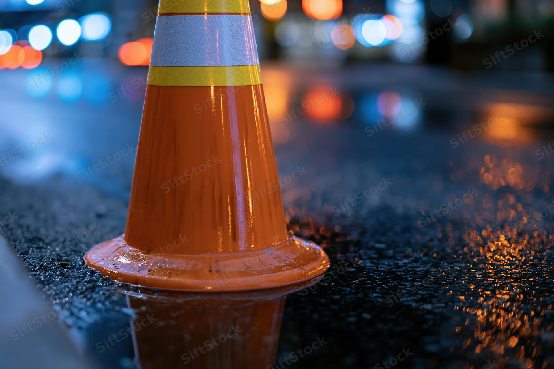 Orange traffic cone with reflective bands on wet pavement at night in city street