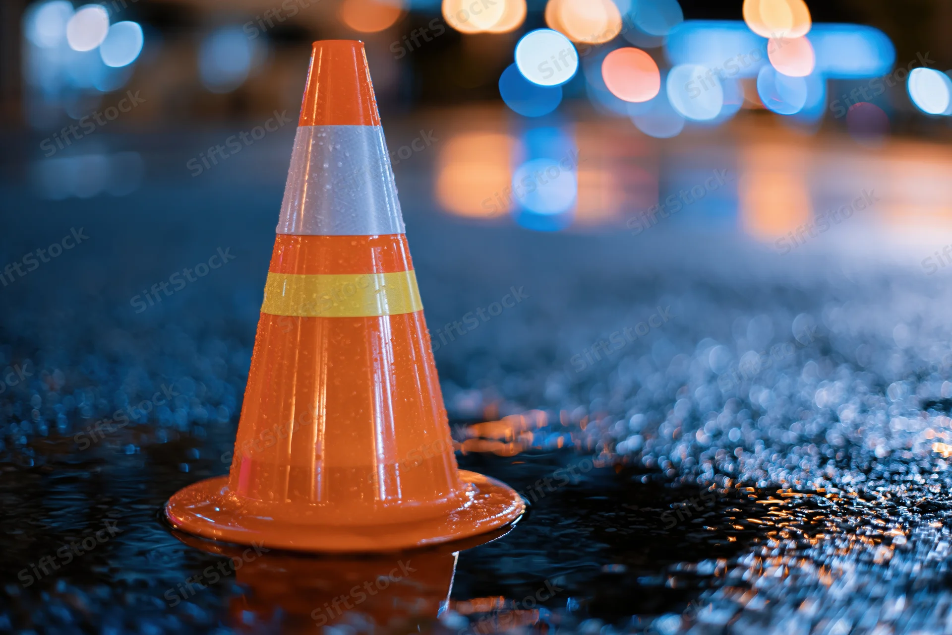 Orange traffic cone with reflective bands standing on wet pavement at night in a city street