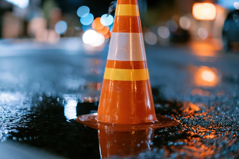 Orange traffic cone with reflective stripes standing on wet asphalt at night