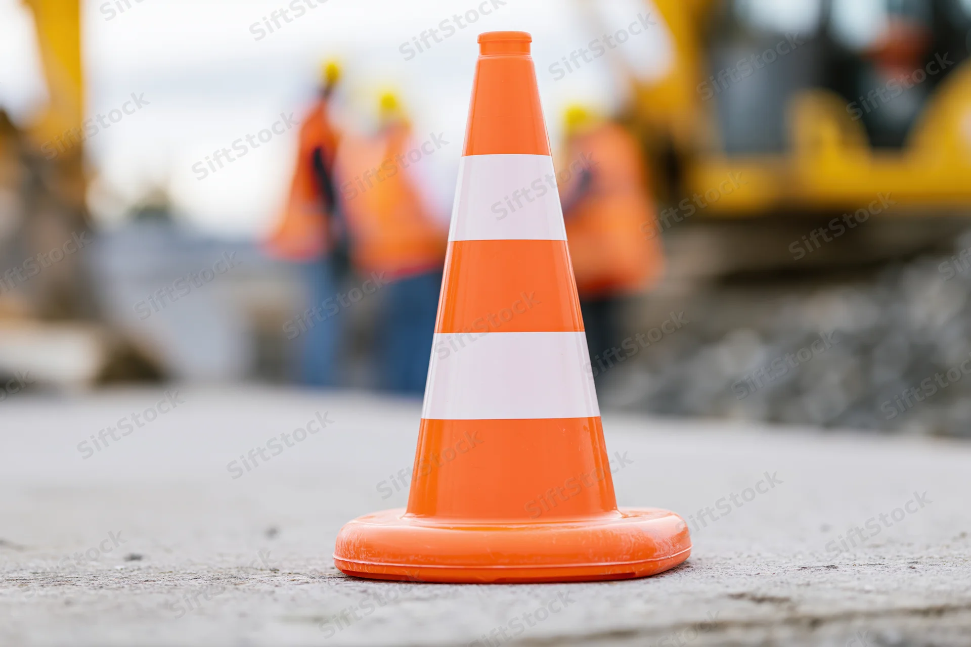 Orange traffic cone with white reflective bands on concrete pavement at construction site with workers and machinery in background