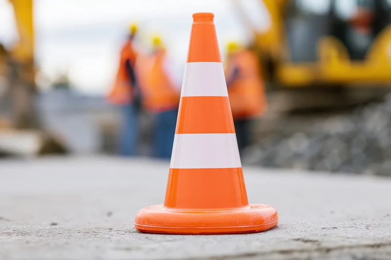 Orange traffic cone with white reflective bands on concrete pavement at construction site with workers and machinery in background