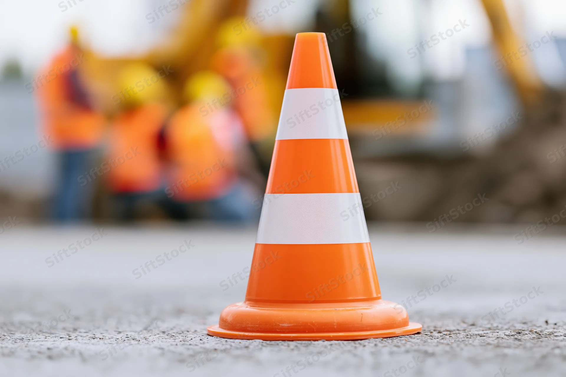 Orange traffic cone with white reflective bands on asphalt at construction site with workers and machinery in background