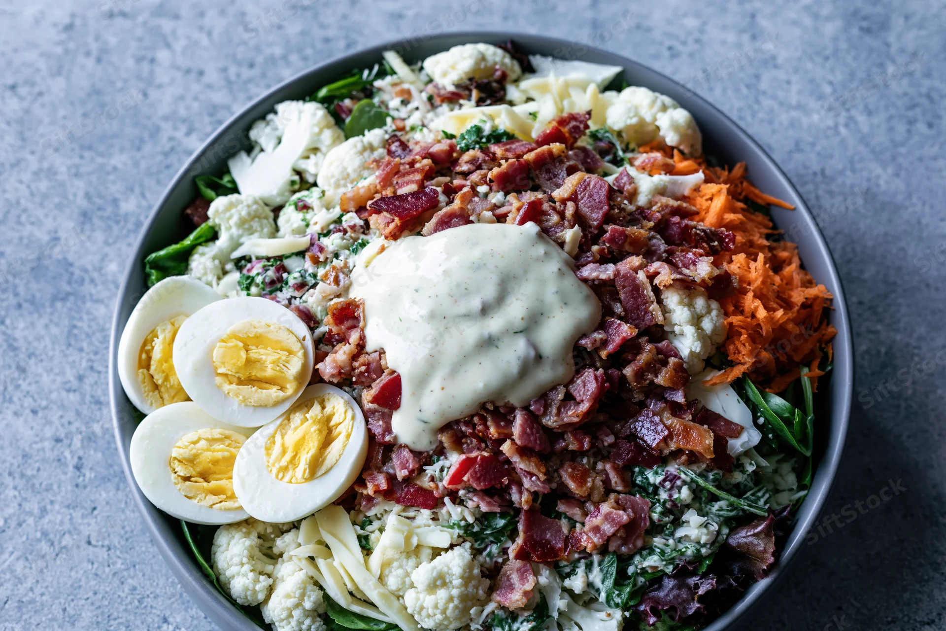 Overhead closeup of a large salad bowl filled with bacon, hard-boiled eggs, cauliflower, shredded carrots, spinach, cheese, and creamy dressing on a gray surface