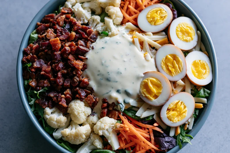 Overhead close-up of a large salad bowl filled with bacon, hardboiled eggs, shredded cheese, cauliflower, carrots, lettuce and blue cheese dressing