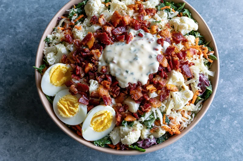 Overhead close-up of a caesar salad bowl with bacon, hardboiled eggs, and creamy dressing on a gray surface