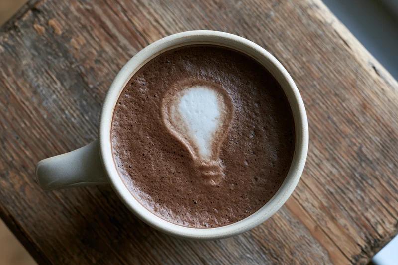 Overhead view of a ceramic coffee mug with lightbulb-shaped foam art on a wooden table