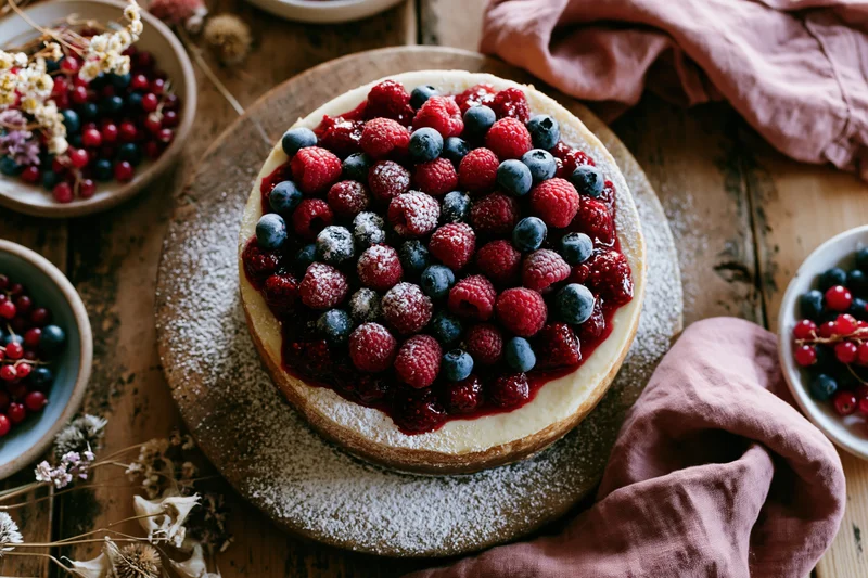 Round cheesecake topped with fresh raspberries and blueberries on wooden table with bowls of berries and pink cloth