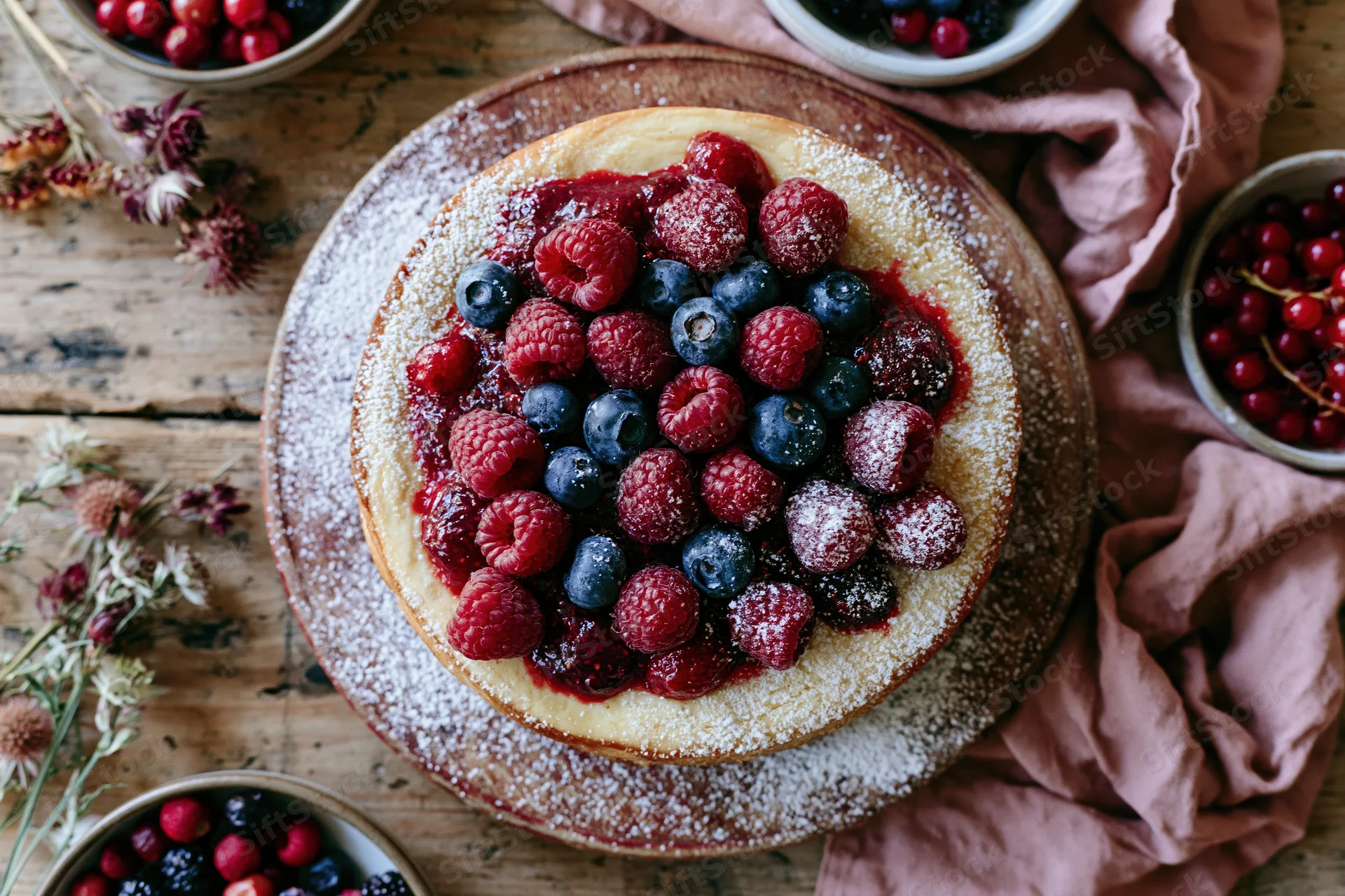 Round cheesecake topped with fresh raspberries and blueberries on wooden table with bowls of berries and dried flowers