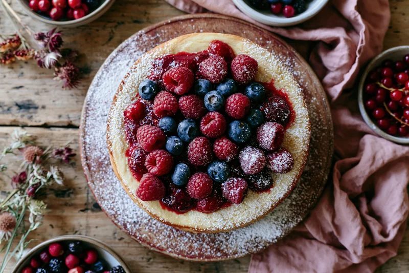 Round cheesecake topped with fresh raspberries and blueberries on wooden table with bowls of berries and dried flowers