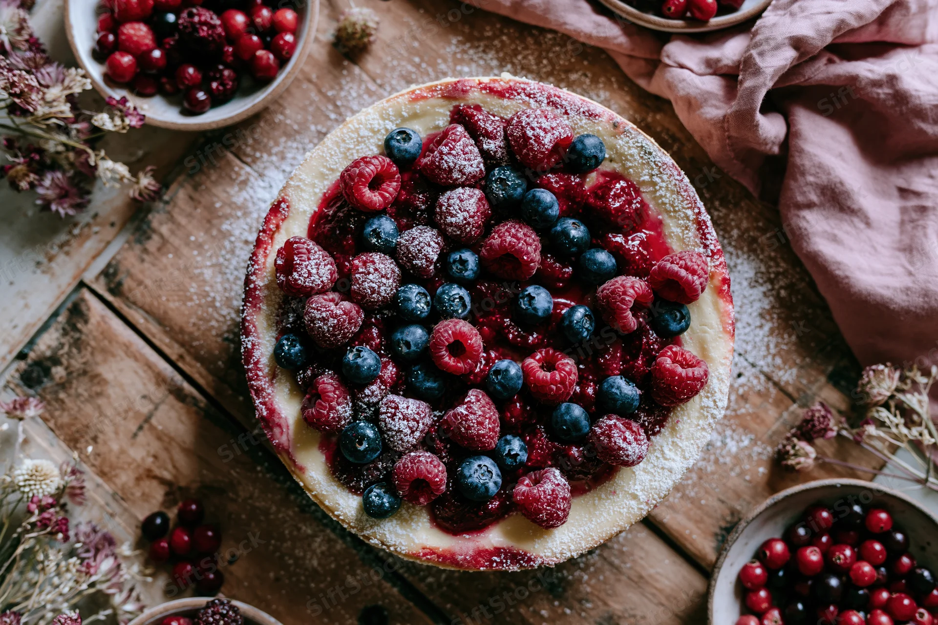 Round cheesecake topped with fresh raspberries and blueberries on a wooden table with bowls of berries and dried flowers around