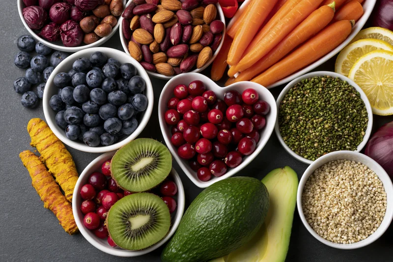 Overhead flat lay of fresh fruits vegetables nuts and grains in white bowls on dark surface