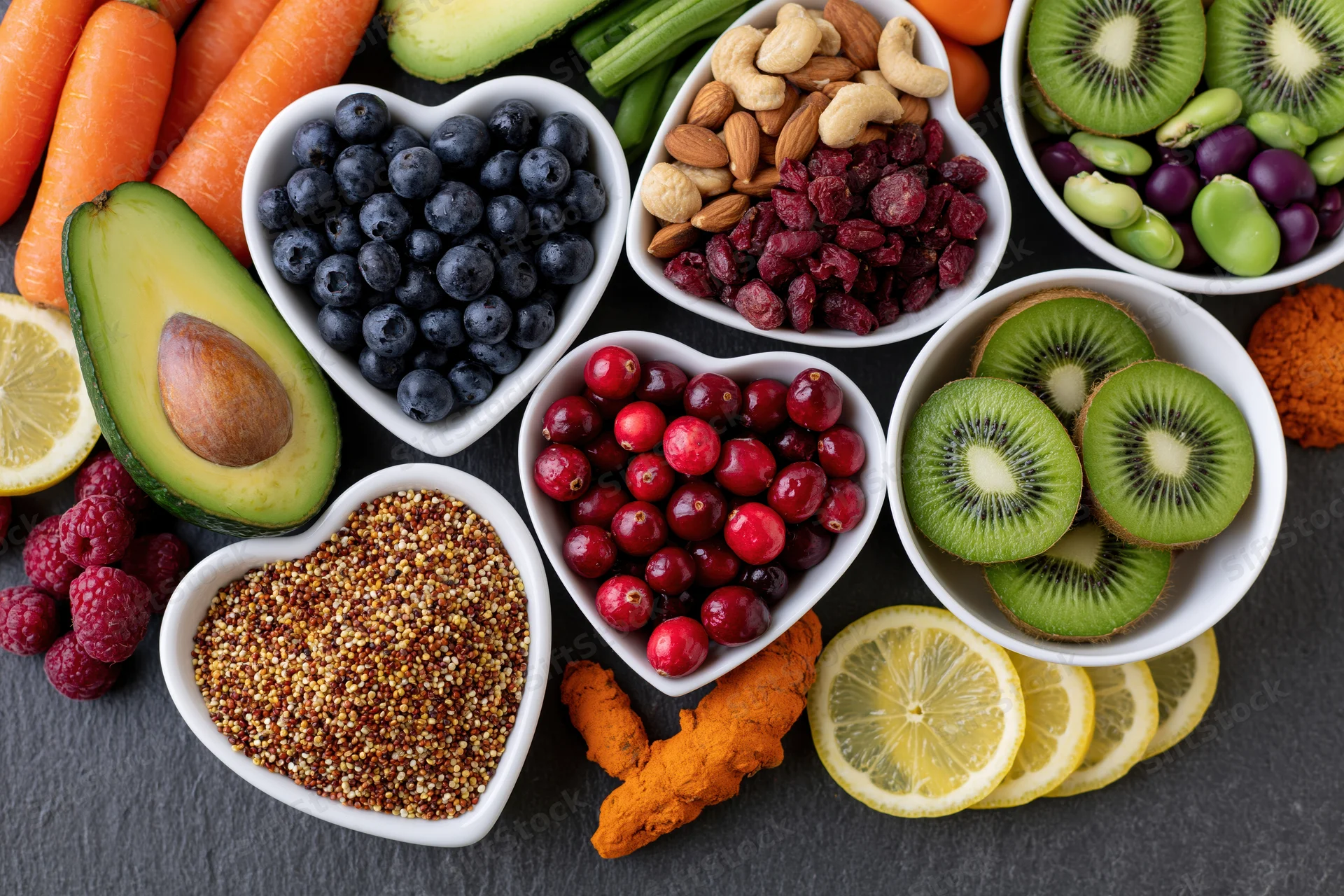 Overhead flat lay of fresh fruits vegetables nuts and berries in heart-shaped bowls on dark surface