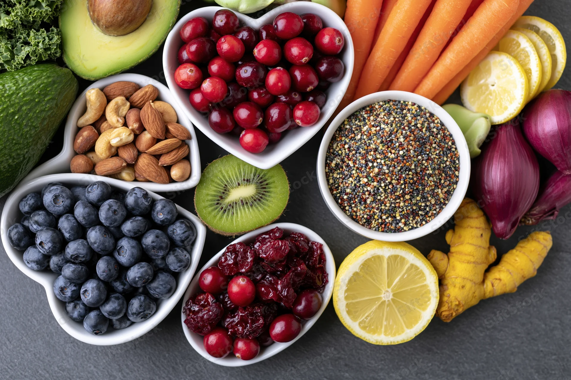 Overhead flat lay of fresh fruits vegetables nuts and superfoods arranged on dark surface