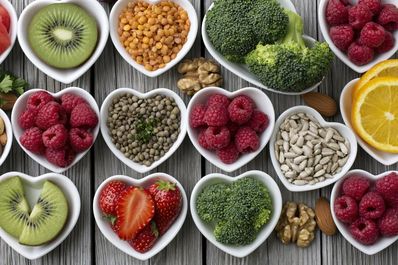 Heart-shaped bowls filled with fresh fruits vegetables seeds arranged on a gray wooden table