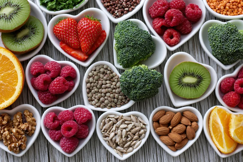 Heart-shaped bowls filled with fresh fruits vegetables nuts seeds arranged on wooden surface