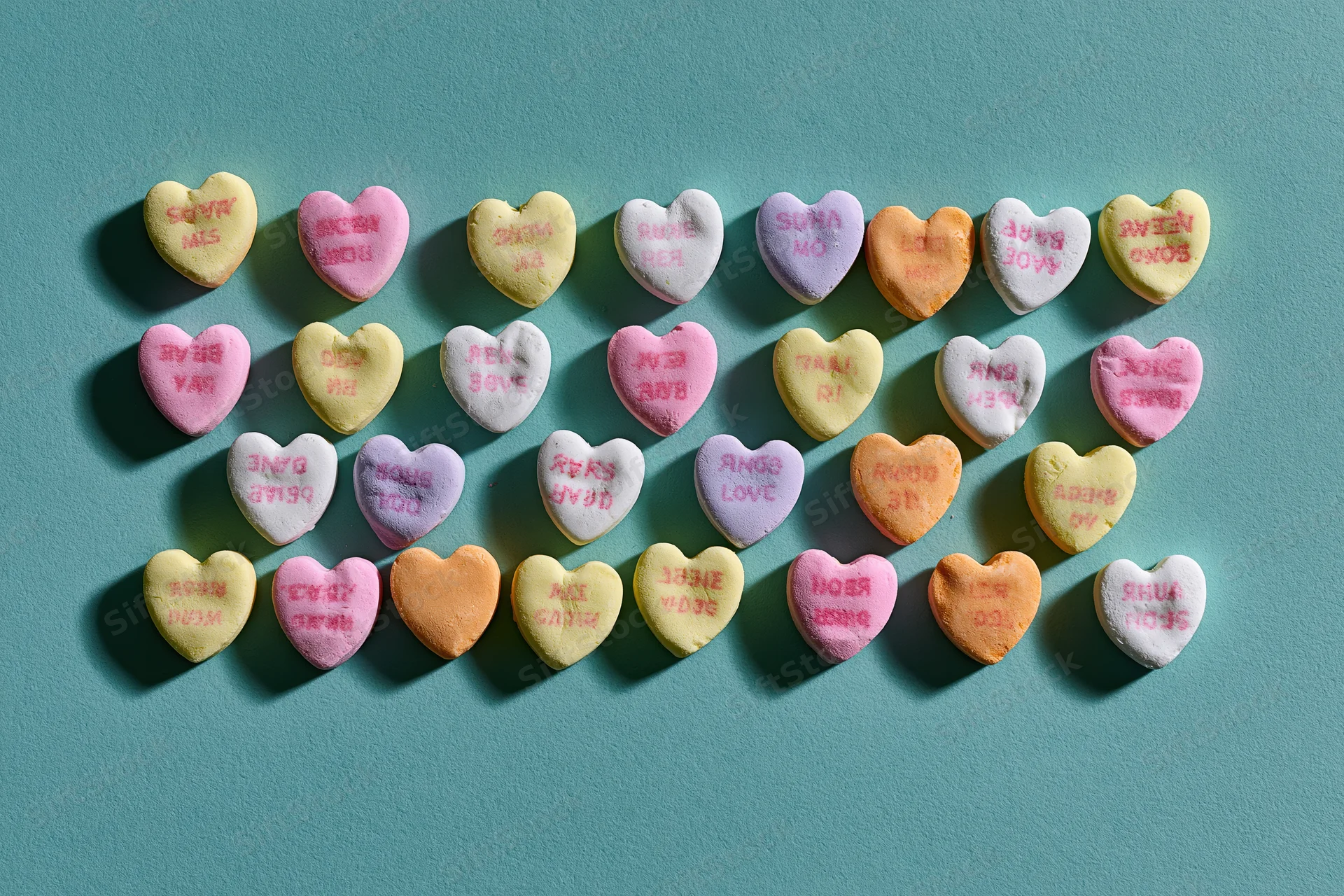 Pastel conversation heart candies arranged in a loose grid on a teal background