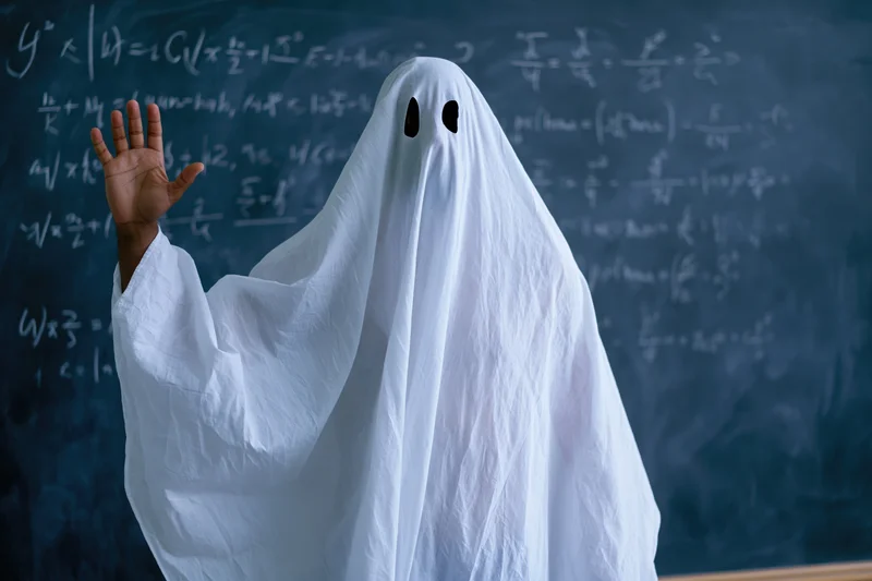 Ghost in white sheet costume raising hand in front of blackboard filled with math equations