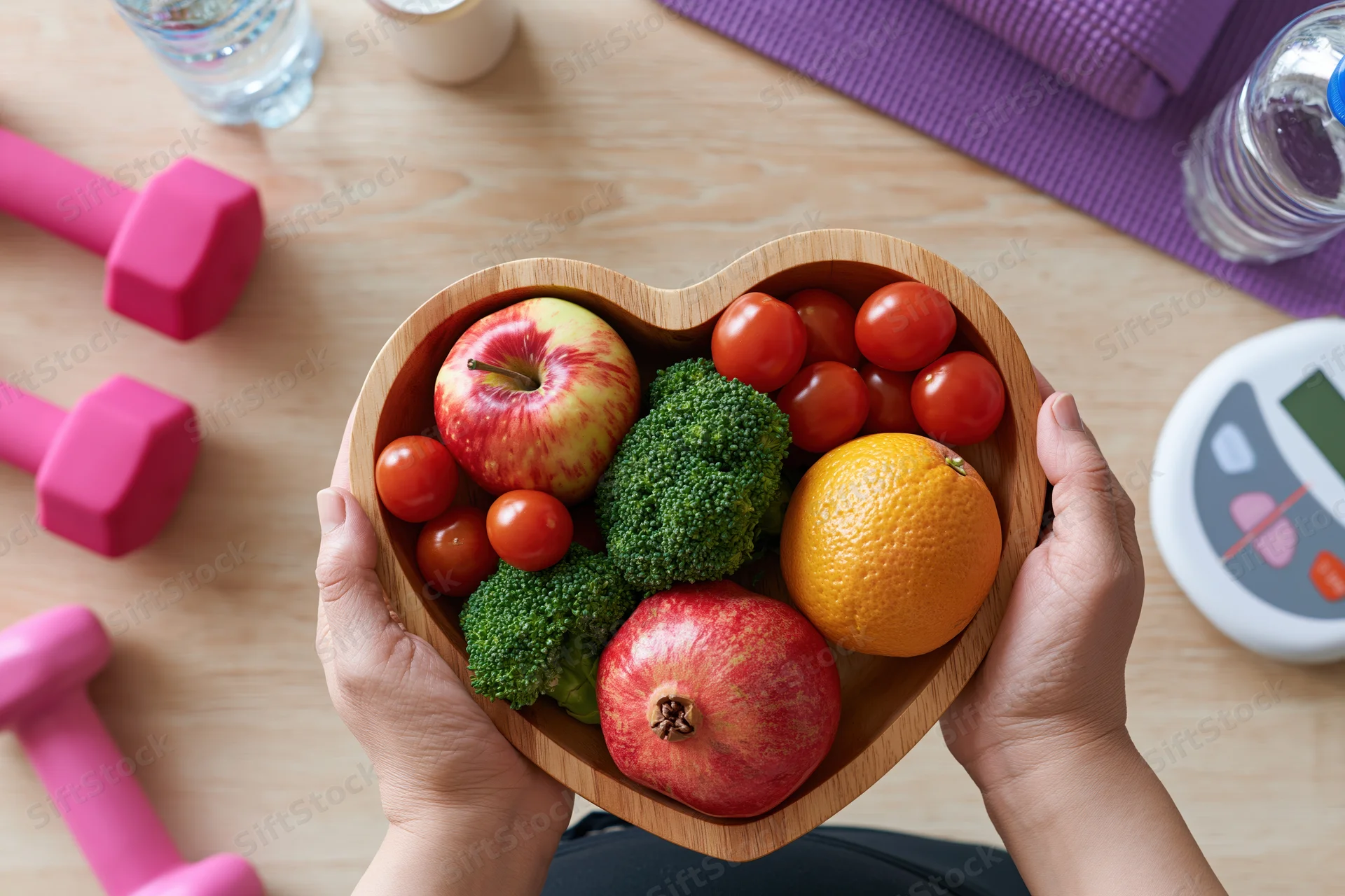 Woman holding heart-shaped wooden bowl filled with fresh fruits and vegetables, surrounded by fitness equipment on wooden table