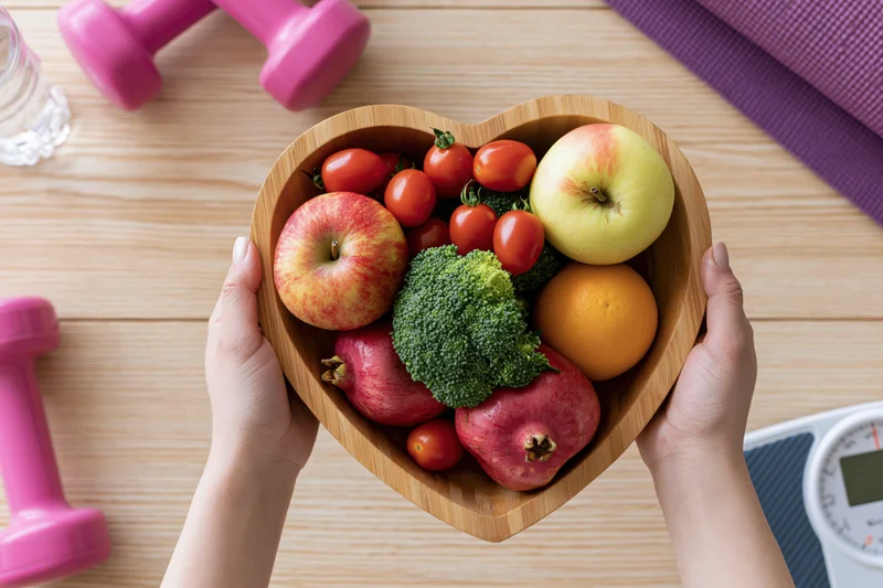 Woman holding heart-shaped wooden bowl filled with fresh fruits and vegetables on wooden table with fitness equipment around