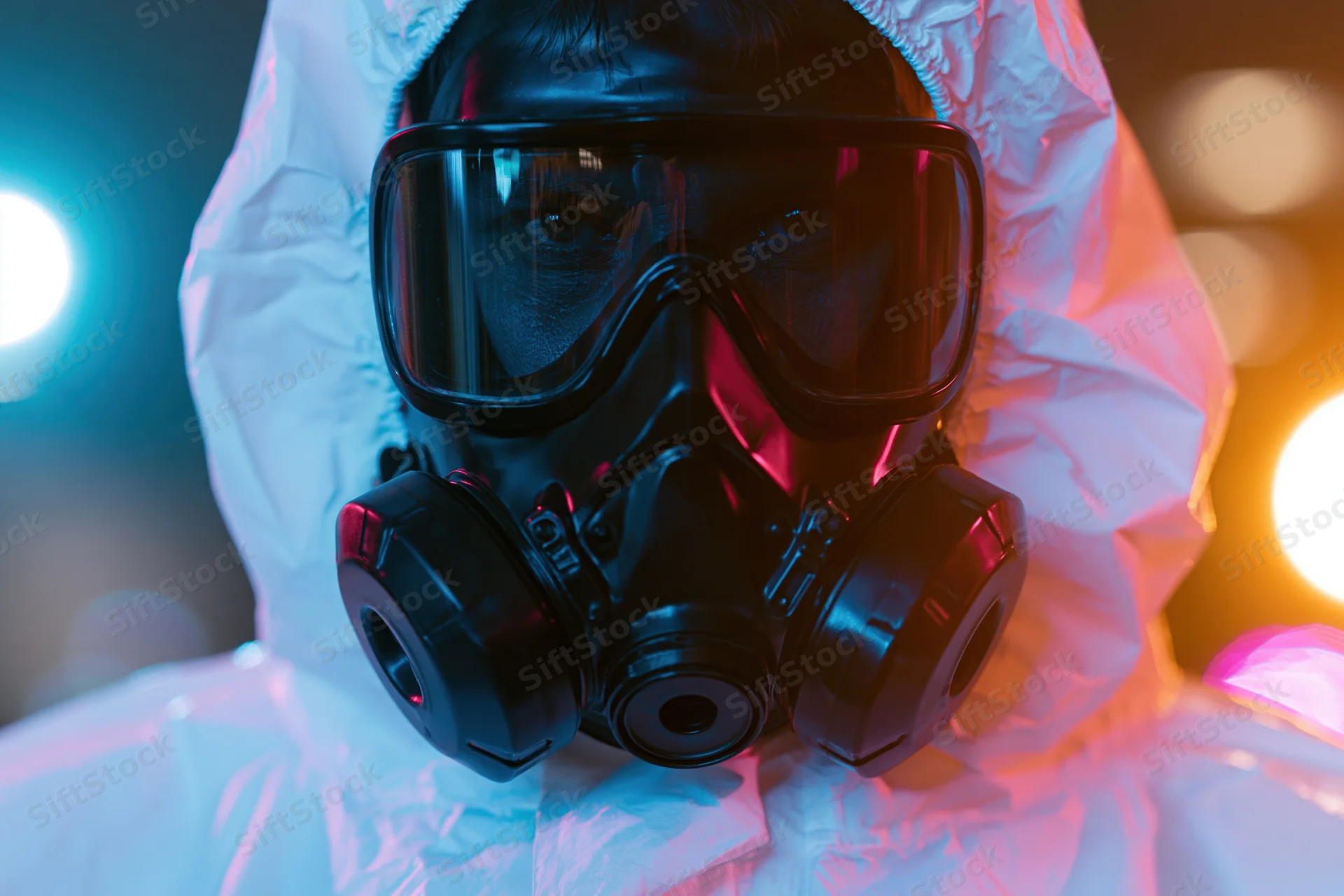 Person in full protective suit with black gas mask and dual filters under neon lighting