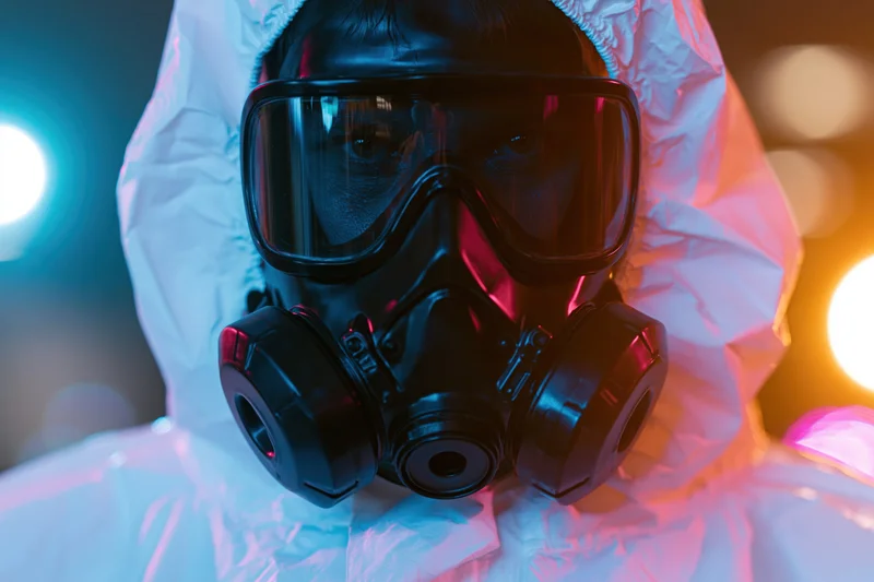 Person in full protective suit with black gas mask and dual filters under neon lighting