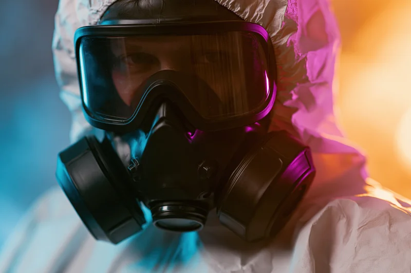 Man wearing full black rubber gas mask with dual filters in protective suit