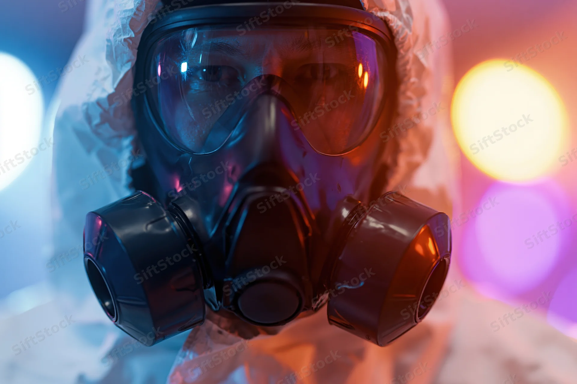 Person in full protective suit and black gas mask with dual filters under colorful neon lights
