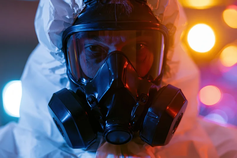 Man in full hazmat suit with black gas mask and dual filters, close-up portrait under neon lights