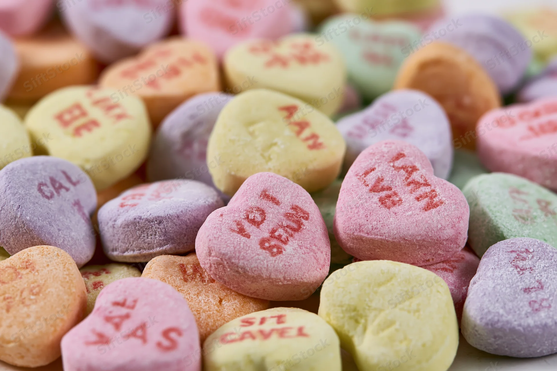 Pile of pastel heart-shaped candies with love messages scattered closely together