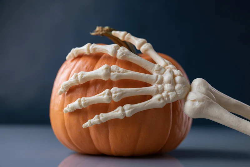 Plastic skeleton hand gripping an orange pumpkin on a dark reflective surface