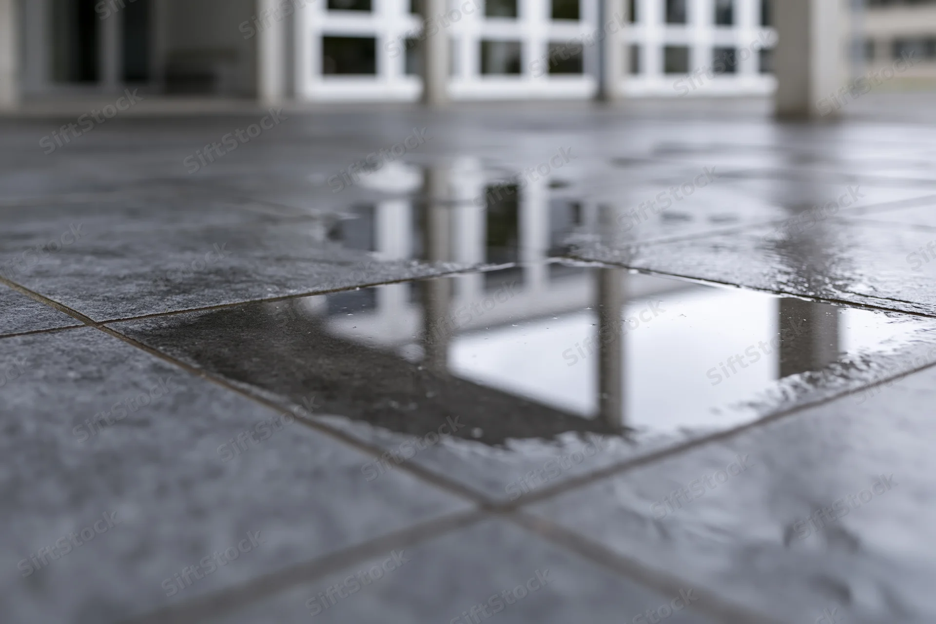 Rain puddle reflecting windows on wet gray tile floor in empty outdoor cove