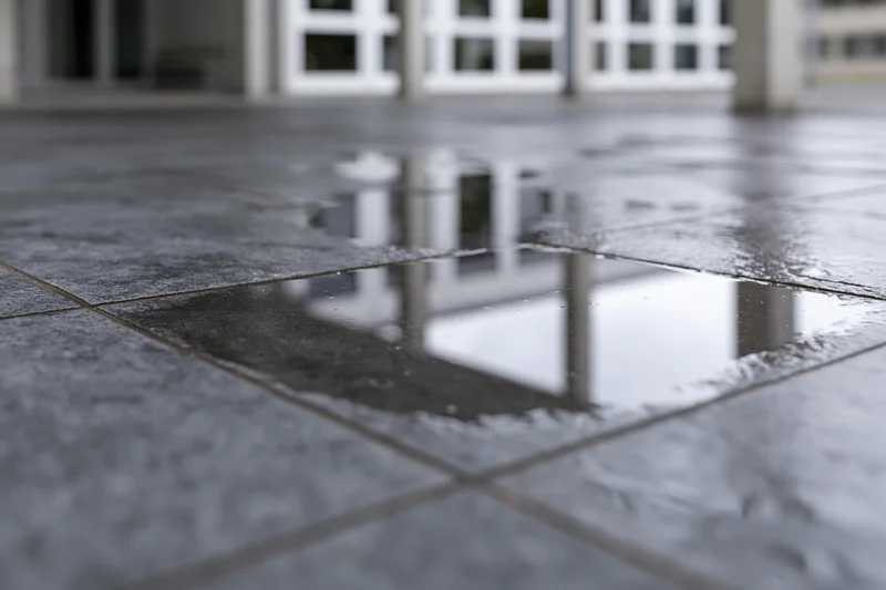 Rain puddle reflecting windows on wet gray tile floor in empty outdoor cove